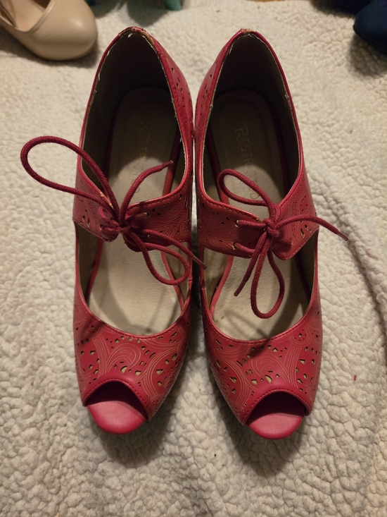 Restricted Shoes - Restricted Red Lace-Up Peep Toe Wedges